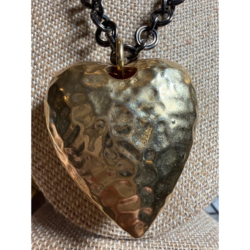 Express signed Chunky Gunmetal Chain Hammered Gold Heart Statement Necklace 36" - Picture 6 of 12